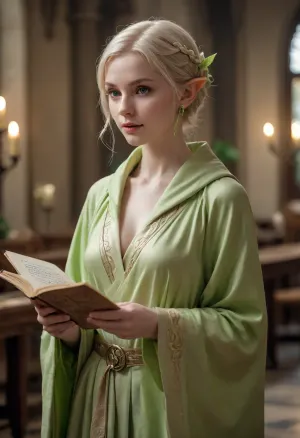 Adventure guild elf, (elf woman), guild hall interior, (short straight light-blonde hair over one eye), (pale skin), (light lime green flowing robe), leaf earring, sexy, high-fantasy, (holding an open scroll), (petite), (toned)
