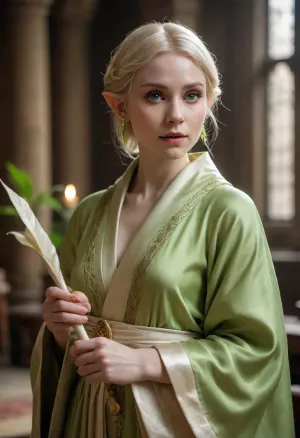 Adventure guild elf, (elf woman), guild hall interior, (short straight light-blonde hair over one eye), (pale skin), (light lime green flowing robe), leaf earring, sexy, high-fantasy, (holding an open scroll), (petite), (toned)