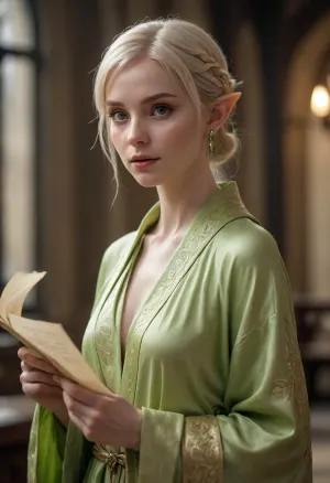 Adventure guild elf, (elf woman), guild hall interior, (short straight light-blonde hair over one eye), (pale skin), (light lime green flowing robe), leaf earring, sexy, high-fantasy, (holding an open scroll), (petite), (toned)