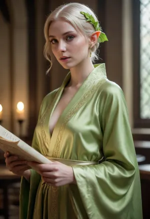 Adventure guild elf, (elf woman), guild hall interior, (short straight light-blonde hair over one eye), (pale skin), (light lime green flowing robe), leaf earring, sexy, high-fantasy, (holding an open scroll), (petite), (toned)