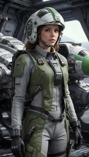 masterpiece, different view, (((different pose))), photorealistic highly detailed 8k photography, best cinematic quality, volumetric lighting and shadows, sharp intricate details, symmetric Spring Green spcrft a space warship, girl next to it, ((spaceship fighter)), uniforme camouflage multicam, grey, green, black, brown, HDRI, spcrft, pilot, suit, cockpit, Xwing, X-wing, rebel, trooper, uniform, and, white, helmet, collared, shirt, vest, <lora:SpaceCraft_XL-000005:2>, <lora:RebelpilotXL:1.5>, <lora:X-wing - XL:2>, <lora:RebelTrooperXL:.1>, <lora:Mecha_Ggorgeous_Armor-000011:.3>