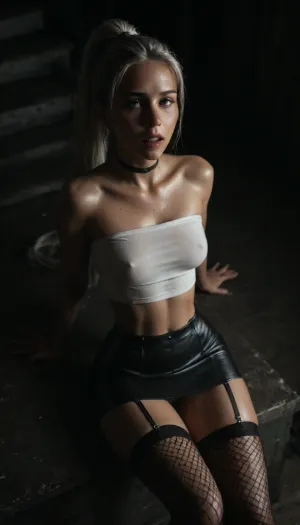 ((view from above)), (score_7_up, score_8_up, score_9, 1girl, solo, masterpiece), very happy face, orgasm face, ((long white ponytail:1.5)), ((black leather micro skirt)), 18yo girl, (athletic skin body), (narrow waist:1.4), ((hip gap)), ziprealism, (white tube-top), (white g-strings), erected nipples, black choker, ((sitting into the cinema)), (oiled skin:1.5), ((black fishnet stockings with garters)), garter belts, (black background, chiaroscuro lighting:.5), <lora:sunnyrayyxo_v1_SDXLBase:.4>, <lora:dark:.4>