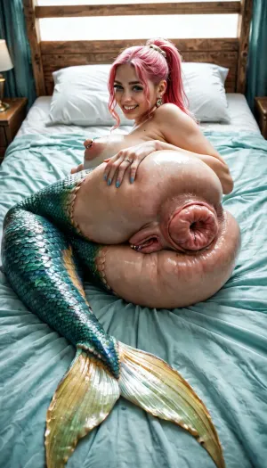Masterpiece, ultra HD, realistic, full body, highly detailed body, highly detailed environment, (one 35y big busty mermaid laying sideways in bed opening her ass to show her massive anus prolapse, ((defined mermaid body with long tail)), laying sideways in bed in S shape, rotating slightly upper body over tail trying to see prolapse anus), extremely large anus gape, gigantic dilated anus, gigantic prolapse, thick prolapse, big tits, saggy tits, ((big nipples with piercing ring, huge prolapse piercing)), straight pink color hair, ponytail hair, deep blue eyes, full lips, white skin tone, curvy silouette, ruby scales color, mermaid tail till silhouette, ass cheeks covered in scales, bedroom, bed, perfect fit face, perfect teeth, symmetrical eyes, full-body.