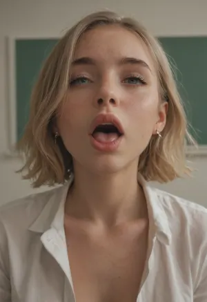 19 year old, nice firm tits, very horny face, in a classroom, mouth open a drooling