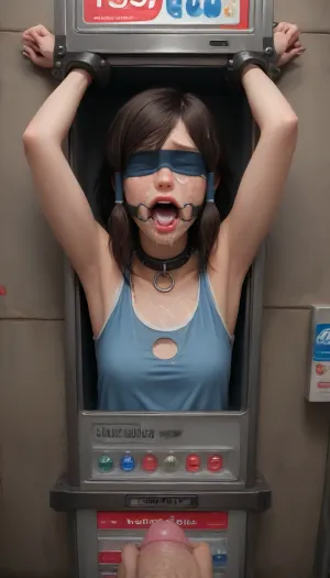 ((Avatar korra)), (the legend of korra), (cute girl is stuck with her hips in a round hole with metal rim in a vending machine), (collar around her neck, chained to the vending machine), (She is wearing tribal water tribe clothes), (her bust is protruding from a round hole in the front of the vending machine:1.5), (stuck in hole with metal rim:1.3), (vending machine at night, slot for payment), (wide mouth spreader ring gag, gaping mouth:1.5), (Visible ring gag), (leaning forward), (exhausted:1.6), (terrified), (running makeup), (crying), (box is low mounted, close to floor), (score_9, score_8_up, score_7_up, UHD 8K, masterpiece, best quality, maximum details, natural light, extreme realism, cinematic still), (huge penis:1.4), (she stares at a huge erect penis infront of her face:1.3), (POV from 2 meters away, she is looking at the viewer, submissive), (arms restrained to wall), (her arms left and right flat against the wall, multiple iron rings fixing her stretched arms against the wall:1.5), (POV standing man, holding her head tightly:1.2), (mouth wide open), (iron rings restrain her arms to vending machine), (her arms are spread eagle against vending machine:1.8), (arms restrained with iron rings:1.8), (free-standing vending machine), (her face is covered in cum:1.6), (cum in her mouth:1.1), (bukkake, facial:1.3), (freckles, skin impurities), (transparent liquid:1.2), (realistic cum), (wet face:1.2), (oily skin:1.5), (her mouth serves only one purpose), (she's got a new job, she's a public cum dumpster), (glossy lips:1.3), (shocking lips, lipstick:1.5), (eerie lighting:1.3), (smeared lipstick:1.6), ((She is crying in fear)), ((Eyes blindfolded)), Petite 18yo very tiny skinny girl
