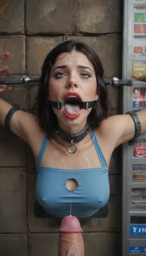 ((Avatar korra)), (the legend of korra), (cute girl is stuck with her hips in a round hole with metal rim in a vending machine), (collar around her neck, chained to the vending machine), (She is wearing water tribe clothes), (her bust is protruding from a round hole in the front of the vending machine:1.5), (stuck in hole with metal rim:1.3), (vending machine at night, slot for payment), (wide mouth spreader ring gag, gaping mouth:1.5), (Visible ring gag), (leaning forward), (exhausted:1.6), (terrified), (running makeup), (crying), (box is low mounted, close to floor), (score_9, score_8_up, score_7_up, UHD 8K, masterpiece, best quality, maximum details, natural light, extreme realism, cinematic still), (huge penis:1.4), (she stares at a huge erect penis infront of her face:1.3), (POV from 2 meters away, she is looking at the viewer, submissive), (arms restrained to wall), (her arms left and right flat against the wall, multiple iron rings fixing her stretched arms against the wall:1.5), (POV standing man, holding her head tightly:1.2), (mouth wide open), (iron rings restrain her arms to vending machine), (her arms are spread eagle against vending machine:1.8), (arms restrained with iron rings:1.8), (free-standing vending machine), (her face is covered in cum:1.6), (cum in her mouth:1.1), (bukkake, facial:1.3), (freckles, skin impurities), (transparent liquid:1.2), (realistic cum), (wet face:1.2), (oily skin:1.5), (her mouth serves only one purpose), (she's got a new job, she's a public cum dumpster), (glossy lips:1.3), (shocking lips, lipstick:1.5), (eerie lighting:1.3), (smeared lipstick:1.6), ((She is crying in fear)), ((Eyes almost closed)), Petite 18yo very tiny skinny girl