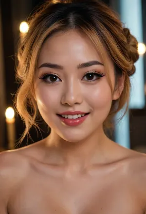 ecstatic beautiful Japanese woman, (smirking, proud, smug smile, content), ahegao face, tongue out, drooling, looking down her nose at the camera, (eyeliner, bold dark detailed winged eyeliner), eyes half closed, shiny dark lipgloss, (big cupids bow lips), naked, in her 20s, thick, (honey gold hair:1.1), (candlelight), shot from below, eye contact