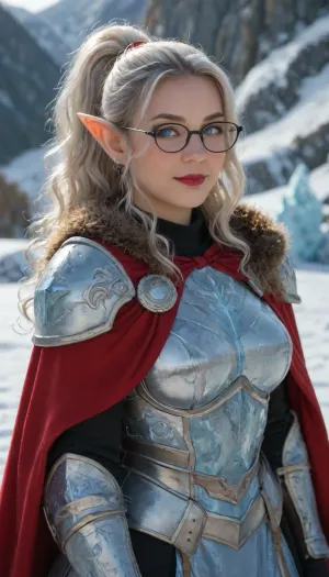 (25 middle years:2), (Snow Elf:1.4), (very white skin), (A single woman:1.5), (blue eyes:1.5), (Thin lips), (upturned nose), (ultra-realistic), (best quality), (best lighting), (fat body:1.6), (((wavy hair:1.4), (Ponytail:1.4), (long hair:.8), (white hair:1.4))), (big breast:1), (wide hip:1), (big thigh:1), (blush:1.3), (red lipstick:1), (black eyeliner:1), (slight smile), black big glasses, (Elf ear:1.4), Snowy mountain, (ice armor:2), (fur cape:1.4), (Brown fur:1.4), (red cape:1.2), (long cape:1.4), (Black jumpsuit:1), (armor skirt:1.4), black pant