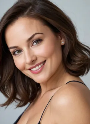 The image features a beautiful very sexy 47yo woman. Cinematic. Body according to age with imperfections like Cellulite, Varicose veins etc. Oval face. Pale skin, no tan. Height 170cm. Breast size 80C. Smiling. Dark brunette hair, very thin hair, shoulder length hair, slightly wavy medium bob cut, hair parted on one side. very high forehead. thinning hair with little volume, hair combed back tucked behind ears. Slightly curvy body. Stocky legs. Nice round ass. Narrow waist, Sturdy thighs, little tummy, wide very female hips, Decent makeup. She likes to show skin. Small eyes. Thin eyebrows. Wrinkled eyes. Beautiful capturing woman. Smiling. She is very aware of her sexual charms and uses them to seduce others.