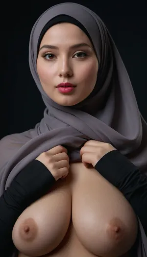 Dark grey background studio, Beautiful hijab lady, very beautiful, makeup, pink lipstick, pale skin, medium chubby, fake silicone saggy tits, asian, fully naked, thin slim panties, hands behind head, below view, focus pussy, virgin, hijab, scarf, jerseyseries, silkseries, parisseries, <lora:hijab-style:.8>