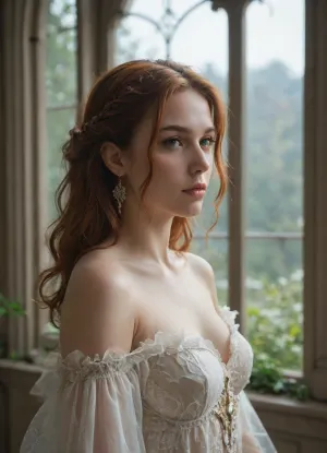 A super plus-size woman with long, flowing auburn hair, stands gracefully in a misty, moonlit garden filled with glowing fireflies. She wears a flowing gown made of shimmering silk, with intricate embroidery depicting scenes from mythology. The scene is bathed in soft, silvery light, creating a dreamy, ethereal atmosphere. This image is reminiscent of a pre-raphaelite painting, with a touch of art nouveau elegance, evoking the style of Waterhouse and Rossetti, with a focus on intricate details, vibrant colors, and a sense of romanticism., <lora:Chubby BBW - XL:.8>