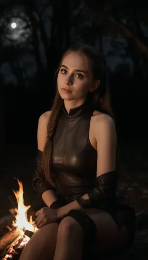 1 woman elf sits in the forest, thoughtful, eyes narrowed, (long ponytails:1.5), cute face, sharp facial features, thin eyebrows, big eyes, narrow lips, perfect teeth, dimples, (long eyelashes:1.5), fit body, pale skin, prominent collarbones, skin tight leather armor, (earrings:1.1), (hairpin:1.2), (dark wood:1.5), full moon, in the light of the bright moon, (bonfire on the background:1.5), full body view, high distance view
