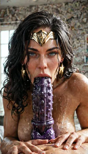 Wonder Woman fucking a Trigon shaped suction dildo