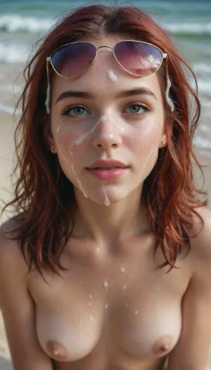 Woman 25s, pale skin, closeup face view, dynamic angle, (((cum on face))), (((cum in hair))), happy, messy red hair, fit body, perky breasts, sunglasses, naked, naked breasts, sea beach, sunny, (people on background), 90's aesthetic