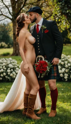 ((Full-length image:1.2)), ((newlyweds:1.3)), (groom in kilt:1.5), ((bride nude:1.4)), tartan colored kilt, man's cap, (boots and high socks:1.1), (kissing:1.5), (wedding bouquet:1.3), white and red roses, greenery, (fresh green grass:1.2), (green tree background:1.1), (daylight), (natural light), outdoors, (depth of field), (bokeh), (high detail:1.2), (photographic quality:1.3), 8k, photorealism, wedding photography.