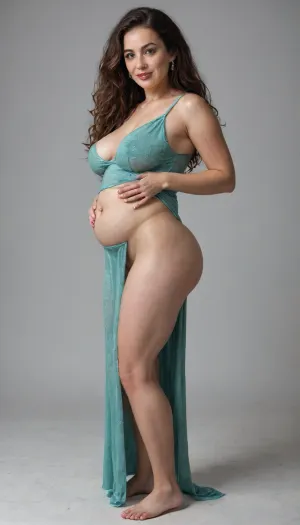 (sagging breast), (side view), (inflation chubby belly), love handles, head turned, full body, super realistic, hyper realistic, hdr, random body position, very long hair, (milf), slim waist, (skinny build), long eyelashes, pink blushed cheeks, dark eyeshadow, glossy lipstick, thick curvy lips, sexy lips, wide eyes, navel piercing, perfect glossy skin, thigh gap, well lit, belly button piercing, Green eyes, smiling, (big ass), (heavy breast), (Stroking stomach), (in tight silk dress)