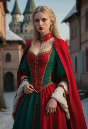 young slender bitch, ash-coloured blonde, pretty slavic face, charming, hot, green eyes, red puffy lips, scornful sneer, gorgeous figure, 16th century Russian dress, (full-length image:1.2), (fantasy art, artwork:1.5), (sharp lines, flat colors:1.6), in winter, medieval russian village with white kremlin in background