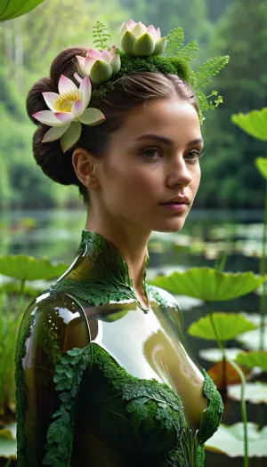 ((Transparent glass female figure)), with lush green vegetation inside including moss, various grasses and small flowers and green plants growing out of the hairstyle on her head, standing upright, ((showing body structure and internal content)), surrounded by blurred green leaves and stems in the background, on a lake covered with green lotus foliage, Sci-fi incarnation of nature, detailed digital rendering, concept art, Soft natural, diffused with slight highlights and bokeh in the background, Portrait shot, central figure, side view, with slight shift of rule of thirds, Detailed glass transparency, realistic plant textures, reflections on glass, atmospheric background blur, bright but muted shades of green and pink, sense of purity and harmony, bokeh, High detail, 4K, photorealistic quality, masterpiece, rendered in Octane
