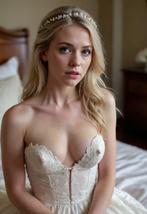 fearful beautiful blonde woman in wedding dress mostly torn off of her, nearly naked, cum in pussy, cum on breasts, wrists pinned by viewer, after rape, masterwork