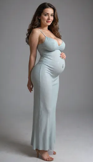 (inflation sagging breast), (side view), (inflation chubby belly), love handles, head turned, full body, super realistic, hyper realistic, hdr, random body position, very long hair, (milf), slim waist, (skinny build), long eyelashes, pink blushed cheeks, dark eyeshadow, glossy lipstick, thick curvy lips, sexy lips, wide eyes, navel piercing, perfect glossy skin, thigh gap, well lit, belly button piercing, Green eyes, smiling, (big ass), (heavy breast), (Stroking stomach), (in tight silk dress)