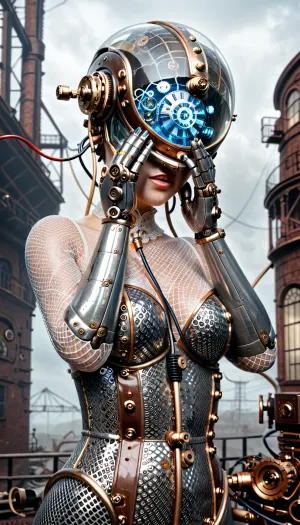 Steampunk, victorian electrotech laboratory, nude woman wearing transparent Faraday-chainmail bodysuit, woven copper wire mesh clinging to nude form, long rubber gauntlets, chainmail helmet covering face, she working with weird steampunk electromechanical machine, machine emits blue electrical charges and lightning, chiaroscuro, (blue and gray palette), DonMSt34mPXL, mad-stpk-ggls, mad-stpk-flcp, mad-stpk-ht, <lora:DonMSt34mPXL-000006:.8>, <lora:Gearbound_Steampunk_Chic_2_SDXL:.8>, <lora:Steampunk Concept Art - XL Pony V1.0:.8>
