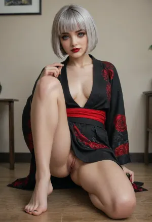 Emo girl, girl 25 years old, silver hair, (bob cut with bangs:1.5), smile, Blue eyes, goth girl, goth makeup, red lipstick, cat eye makeup, smudged makeup, full body, kimono, wet pussy, hairy pussy, open pussy