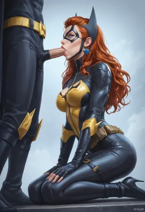 A full-body depiction of Batgirl, kneeled, Giving a deep blowjob to 1 man. She has a toned, athletic physique wrapped in a sleek, form-fitting Batsuit that contours to her curves. The suit is made of a high-gloss, armored material — black with subtle blue highlights — and features a bold, gold bat emblem stretched across her chest. Her utility belt sits snugly at her waist, emphasizing her hourglass shape.

She's kneeled with closed legs. Hands on the man's legs. Her cape flows behind her, parting slightly to reveal the back curves of her suit and the strong lines of her legs.

The boots are sleek, heeled, and reach just below her knees, and her gloves are fingerless at the tips, showing perfectly manicured hands ready for action. Her cowl frames her face, revealing sultry eyes behind glowing white lenses, and her long auburn hair spills freely from the back in loose, windswept waves.