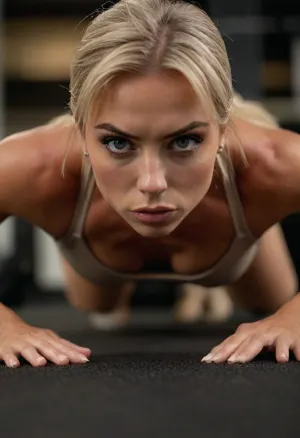 ziprealism, (inspirational snapshot esthetic, inspirational poster), (athletic woman, bodybuilder, determined expression, muscular shoulders, sports bra, leaning forward, doing pushups:1.2), (f/2.8, shallow depth of field, medium closeup shot, Dutch Angles, focus on eyes:1.6), (creamy bokeh), (ash-blonde hair, thick voluminous hair, short cut hair, plunging bob cut, swept-back hairstyle:1.4), (catchlights, limbal rings, large expressive eyes, stunning eyes, perfect eyes, long delicate eyelashes), (strong jawline, angular features), igbaddie, <lora:igbaddie-XL:.4>, <lora:style_lora_realis:.8>