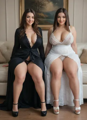 two 40 year old woman, two woman, show big butts, (legs slightly apart and show lace panties:1.4), very tall woman, large waist area, (two tall and large thigh curvy woman:1.7), very healthy tits, wide hips, round buttocks, (smiling:1.3), chubby, (long Straight hairstyle:1.4), full lips, full length, (They are wearing sexy long dress:1.8), sexy, (sexy cleavage and visible nipples area:1.2), laugh out loud, (wedding garter:1.3), very high heels Platform shoes, (Casual sitting on the home sofa:1.5), not nude, not naked, (sexy lace long stocking:1.4), high heels shoes, bench to sit on poolside