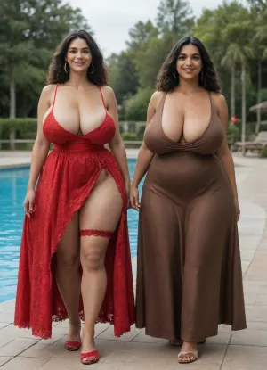 two 40 year old woman, two woman, very tall woman, large waist area, (two tall and large thigh curvy woman:1.7), very healthy tits, (dark skinned woman:1.1), wide hips, round buttocks, (smiling:1.3), chubby, (Layers for Straight black Hair:1.4), full lips, full length, (They are wearing sexy indian dresses:1.8), sexy, (sexy large cleavage area:1.6), laugh out loud, Casual, (big saggy breasts:1.9), (red lace panties:1.4), not nude, not naked, (bridal garter:1.4), Walking on the poolside, Casual poolside walk, Strolling along the poolside, poolside walk, Their face is looking at the viewer, eyes looking at the viewer