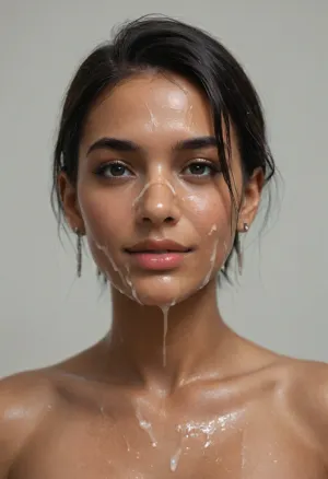 Indian woman, (sleek straight cut hair:1.2), (shoulder hair), (black hair), hooked nose, plucked eyebrows, dark complexion, smile, (transparent liquid, wet face:1.2), (cum on her face, bukakke:1.3)