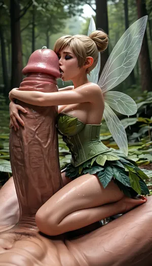 masterpiece, best quality, highly detailed, ((giant pov)), ((Tinkerbell, fairy, wings)), (5ft 9inches tall), (solo:1.4), with, (a 50ft tall naked male giant with an massive huge penis, huge balls, most of giant out of frame only his penis is in frame:1.3), (in a forest:1.2), (large breasts), (wet shaved pussy), slim, (full body view:1.3), (Size Difference, giant's massive huge penis is a lot bigger than girl:1.3), (extremely wide penis too big for girl, penis wider than her thigh:1.2), (erected penis:1.2), (((Giant dick))), (girl is riding on top of penis between her legs, hugging giant's penis:1.4), (her face pressed against massive penis, kissyface, girl kissing penis:1.4), (precum dripping from tip of penis, precum in mouth), (wearing green leafy dress, short, corset:1.3), pussy juice, sweaty body, pussy juice puddle, pussy juice stain, pussy juice trail