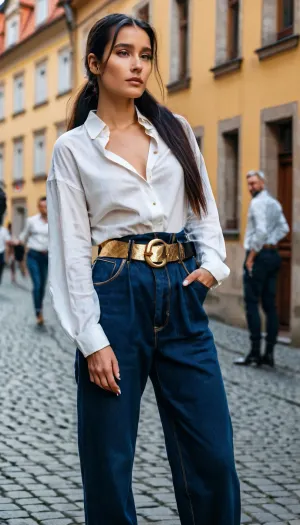 dark blue baggy paperbag slouchy jeans, very long hair, gold belt, prague, slouchy style, ponytail, black hair, white blouse