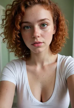 Ultra-realistic selfie of an 18-year-old short girl with lush breasts, breast size 34B natural, with brown skin, red curly/afro hair, freckles, light green eyes, in natural daylight, against the background of a minimalist bathroom, in a slightly wet white T-shirt, where her nipples are clearly visible, DSLR quality, soft focus, cinematic lighting, realistic skin details, high resolution
