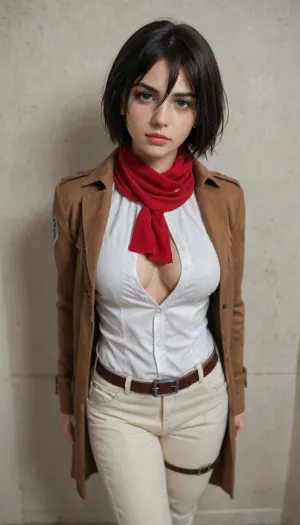 (Character), Mikasa Ackerman from Attack on Titan, (Costume), wearing her Survey Corps uniform, including a dark green cloak, brown leather jacket, white pants, and red scarf, (Physique), detail face, She has her black hair tied back, huge natural cleavage, unbuttoned shirt, curvy physique, panty visible, groin visible, (Accessories), holding dual Omni-Directional Mobility Gear blades, (Background), simple plain wall, (Expression), capturing her fierce and determined demeanor, confident expression, pants pulled down, (Image quality), 8k resolution, high definition, ultra high clarity, (View), POV view.
