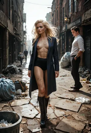 (a group of men fuck with an older woman:1.5), centered around intense vaginal intercourse culminating in a creampie. long flowing blonde hair, a wide pelvis, and small breasts, woman fucks in a sleek, elegant blazer, thigh-high black nylon stockings, and sophisticated long boots. The men, rugged and muscular, wear casual, slightly worn clothing, exuding raw energy. The rest stop is littered with overflowing trash cans, a dirty, cracked concrete floor, and dim, flickering streetlights casting harsh shadows. The environment feels raw and unpolished, with scattered debris and a faint haze of dust in the air. The art style is hyper-realistic with a cinematic, slightly gritty aesthetic, using muted, moody colors like deep grays, blues, and earthy tones, with high contrast and sharp details to emphasize the raw intensity and textures of the scene.