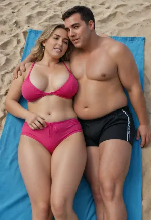 detailed photo, high quality, high resolution, Full-length photo, ((heterosexual couple:1.5), a man and a woman lie next to each other), sunbathing on the beach, lying on a mat, beach mat, two people lying on a mat, man lying on his stomach, man lying with his back up, a beautiful woman lies on her back, (a woman lies face up), young milf, mature woman, married woman, blonde, straight hair, short hair, golden hair, detailed face, passionate face, excited face, arrogant face, high-quality eyes, beautiful brown eyes, a woman has a small nose, cheeks, plump cheeks, plump lips, white teeth, The woman is shoked, the woman is screaming, a woman has large saggy breasts, hanging tits, large breasts, small tummy, tummy, medium-sized ass, round ass, plump legs, thick legs, a woman is slightly tanned, tanned skin, tanned face, woman wearing pink swimsuit, dark pink open swimsuit, dark pink underpants, dark pink bra, (man, sleeping, man near the woman, lying down), man lying down, (a man lying near the woman), the man is lying with his back up, the man is lying on the side of the woman, the man is lying next to her, a tanned man, an overweight man, a brunette man, ((a man wearing black long shorts, man's black long shorts)), man's naked torso, crowded beach, green, eyes, blue, brown, perfecteyes, Ass, view, <lora:PerfectEyesXL:.8>, <lora:MaleAssViewV2:.8>
