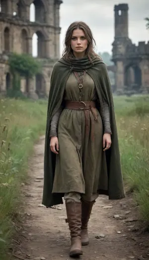 `Post-apocalyptic scene with nature reclaiming medieval ruins, ivy-covered stone castles, collapsed wooden watchtowers, overgrown cobblestone paths, and distant remnants of a shattered city with crumbling cathedrals. A weary woman in ragged, dirt-streaked clothing—patched woolen tunic, frayed cloak with a corroded clasp, scuffed leather boots—walks through a field of wild grass, her garments torn and stained with grime. She carries a dented copper flask, her face smudged with ash, sunlight filtering through haze to highlight the decayed landscape. 8k resolution, hyperrealistic textures, (weathered stone, matted fabric, oxidized metal), cinematic HDR lighting blending muted browns and gray-green tones, anti-aliasing, depth of field focusing on her figure against the ruins, ray-traced mist, lossless PNG format.`
