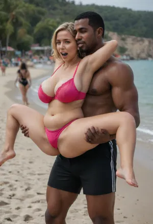 detailed photo, high quality, high resolution, Full-length photo, (an interracial couple, crowded beach, (huge black guy), a black guy carries a married woman, carries her on his back, a big black man carries, a woman on his back, (on his back:1.2), young milf, mature woman, married woman, blonde, straight hair, short hair, golden hair, detailed face, passionate face, excited face, arrogant face, high-quality eyes, beautiful brown eyes, a woman has a small nose, cheeks, plump cheeks, plump lips, white teeth, (The woman is shoked), the woman is screaming, a woman has large saggy breasts, hanging tits, large breasts, small tummy, tummy, medium-sized ass, round ass, plump legs, thick legs, a woman is slightly tanned, tanned skin, tanned face, woman wearing pink swimsuit, dark pink open swimsuit, dark pink underpants, dark pink bra, man, goes, man carries woman, (black young man, big black guy), (muscular guy:1.2), huge guy, tall guy, strong arms, fit black hooligan, guy in black swim trunks, bare torso, (The big black man dragging a woman on his back), a black guy in short swim trunks), green, eyes, blue, brown, perfecteyes, african, israeli, english, arabic, chain, piercing, earring, blackandwhite, color, profile, jacket, shorts, tank, <lora:PerfectEyesXL:.8>, <lora:338632_training_data:.8>