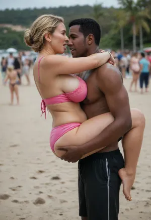 detailed photo, high quality, high resolution, Full-length photo, (an interracial couple, crowded beach, (huge black guy), a black guy carries a married woman, carries her on his back, a big black man carries, a woman on his back, (on his back:1.2), young milf, mature woman, married woman, blonde, straight hair, short hair, golden hair, detailed face, passionate face, excited face, arrogant face, high-quality eyes, beautiful brown eyes, a woman has a small nose, cheeks, plump cheeks, plump lips, white teeth, (The woman is shoked), the woman is screaming, a woman has large saggy breasts, hanging tits, large breasts, small tummy, tummy, medium-sized ass, round ass, plump legs, thick legs, a woman is slightly tanned, tanned skin, tanned face, woman wearing pink swimsuit, dark pink open swimsuit, dark pink underpants, dark pink bra, man, goes, man carries woman, (black young man, big black guy), (black guy:1.3), (muscular guy:1.2), huge guy, tall guy, strong arms, fit black hooligan, guy in black swim trunks, bare torso, (The big black man dragging a woman on his back), a black guy in short swim trunks), green, eyes, blue, brown, perfecteyes, african, israeli, english, arabic, chain, piercing, earring, blackandwhite, color, profile, jacket, shorts, tank, <lora:PerfectEyesXL:.9>, <lora:338632_training_data:.8>