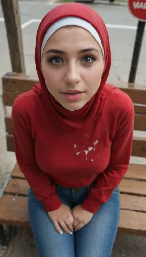 (UHD), solo, summer, nice weather, women sit on a bench, bus stop station, clothed, 25 young women, hijab, perspective from above, big boobs, jeans, sexy red sweater, huge cumshot, surprise happy face, 4k, cum on face, bukkake, cum, <lora:MS_Real_XL_Bukkake:1.4>