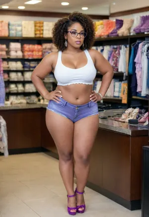24year old black woman, exact features, exact eyes, exact cheeks, exact lips, ears and earrings, exact glasses, chubby, very curvy a little plump, dark brunette curly hair, realistic face, intricately detailed face, innie belly button, chubby tummy, in front of a dress shop fully clothed, really small shorts, ((booty shorts)), ((white Tank top)), ((Very small sagging breasts)), ((fancy purple heels)), ((from behind zoom on ass)), ((Daisy Dukes)), Chubby, Plump, Fat, Rolls, (((seductive look on face))), (((Face viewer arms up hands behind head)))