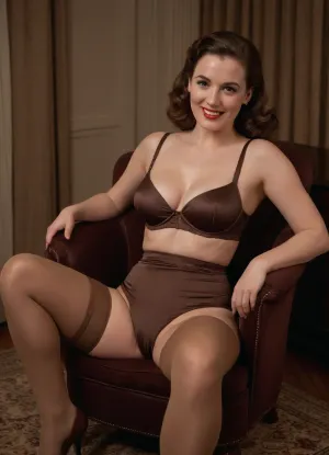 1940's English lady, smiling, brown hair, large breast, deep cleavage, wide hips, bottom heavy, (plain brown spandex underwire bralette), and, (plain brown silk, elasticated Medium Control High Waisted Full Briefs), tan stockings, brown healed shoes, sitting in a high backed chair, legs spread apart, one leg over the arm of the chair.