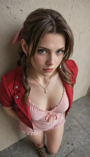 (Character), Aerith Gainsborough from Final Fantasy VII, (Costume), long brown hair tied in a braid with a pink ribbon, green eyes and is wearing a long pink dress, a red bolero jacket, and brown hiking boots, (Physique), detail face, She has her black hair tied back, large bust, curvy physique, (Accessories), holding dual Omni-Directional Mobility Gear blades, (Background), simple plain wall, (Expression), capturing her fierce and determined demeanor, confident expression, (Image quality), 8k resolution, high definition, ultra high clarity, (View), Front, Straight angle view, (Framing), knees out of the frame, (Still), Standing in a sexy way, hands over her head.