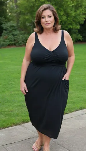 Full body shot, 50 year old woman, layered haircut, green eyes, black thin maxidress, obese, chubby, wide hips, curvy, small floppy breasts, sagging breasts, deflated breasts, tan lines, brown hair, upturned nose, SaggySlimXL, bottomheavy, big, ass, huge, gigantic, thick, thighs, massive, <lora:updated_saggy_slim:1>, <lora:clothed_small:.5>, <lora:bottomheavy_v1_sdxl_tags:.8>