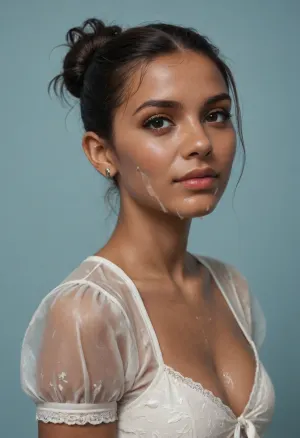 (brown skinned Indian woman looking at viewer:1.3), (dark skinned brown lips), (slightly bent hooked nose:1.2), (very arched convex nose:1.3), jawline, slightly side view, (short sleek straight tied hair:1.3), arrogant, (black hair), hooked nose, plucked eyebrows, dark complexion, (transparent liquid, wet face), (cum on her face, bukakke), white summer dress, cleavage, dark blue background, short sleeves, puffer sleeves, (flower print on dress:.8), millinery, fascinator, faint smile