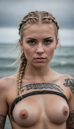 "A young female viking warrior with dirty blonde hair, powerfully poised. Her body and arms are bare, with no clothing. Her breasts are visible and covered by prominent, intricate snake tattoos. Her athletic body is visible, with traces of battle on her skin, sweat and dirt. Her hair is intricately braided and wet. Her expression is fierce and determined. The water ripples around her, reflecting the dark, grim sky. The overall style is dark, grim, and combat-hardened, reflecting the viking_female_warrior_vibe.", <lora:topless v1a_fro0.95:.8>, <lora:add-detail-xl:.8>