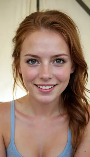 redhead college girl with ponytail showing her pussy in a tent, 21 year old, ((very much want have sex)), ((European British Scandinavian)), gymnastic body, medium tits, small lips, lots of freckles face and skin, blush on the checks and nose, (raised nasal tip, upturned button nose, upturned nose, delicate nose, nose), hypnotized loving grey eyes, brown wild wet hair with sidelocks, very happy smile