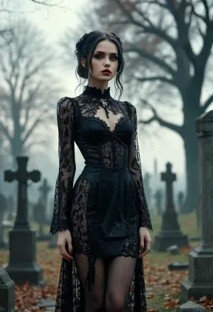 Group of gothic girls posing in a graveyard, 8k, photoreal, high quality, (smooth pussy), perfect tall body, long legs, intricate hairstyles, intricate transparent lace gothic dress, stockings, high heels platform, (sexy slut poses), <lora:add-detail-xl:.5>, <lora:MJ52:.8>