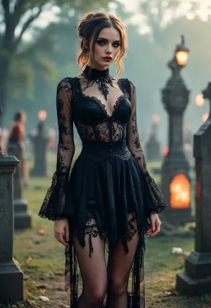 Group of gothic girls posing in a graveyard, 8k, photoreal, high quality, (smooth pussy), perfect tall body, long legs, intricate hairstyles, intricate transparent lace gothic dress, stockings, high heels platform, (sexy slut poses), raver, girl, at, a, festival, in, music, wearing, with, glitter, 2017, 2012, party, costume, <lora:add-detail-xl:.5>, <lora:MJ52:.8>, <lora:RaverGirls_XL_v1-000003:.8>